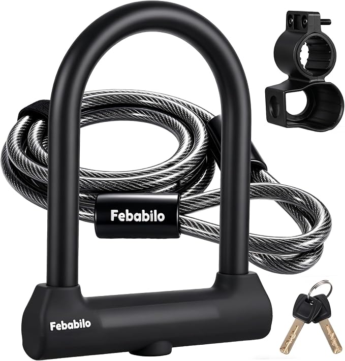 Bike Locks Heavy Duty Anti Theft,18mm Shackle High Security Bicycle U Lock with 2 Keys and Sturdy Mounting Bracket, Perfect for Electric Bike, Scooter, Motorcycle (U Lock with Cable, Large)