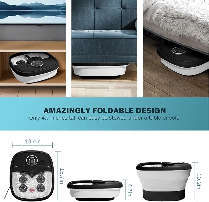 KNQZE Collapsible Foot Spa Electric Foot Bath with Heat, Bubble, Remote, 24 Motorized Shiatsu Massage Balls. Pedicure Soaking tub for Feet Stress Relax (Black)