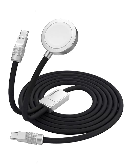 chubbycable Duo-Core Flex 2-in-1 USB C Cable 100W Fast Charging 5W [40Mins 80%] Magnetic Apple Watch Charger 4FT Soft Silicone Compatible with iWatch, iPhone, iPad, MacBook, AirPods, Black