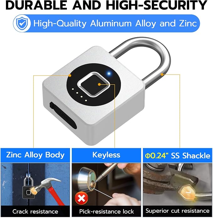 eLinkSmart Fingerprint Gym Locker Lock, Keyless Biometric Padlock, Weatherproof Electronic Digital Smart Combination Pad Lock for Outdoor Fence Gate Storage Helmet Ski Pool Shed (Silver, with Cable)