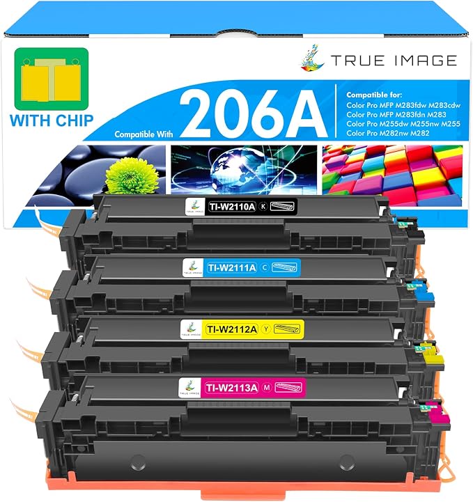 206A Toner Cartridges 4 Pack: M283fdw M283cdw M255dw 206X Set Compatible for HP 206 206A Color LaserJet Pro MFP M283fdn M282nw M255nw M283 W2110A Printer High Yield Ink (Black Cyan Yellow Magenta)