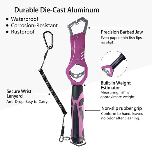 Eupheng 11.8'' Heavy-Duty Fish Gripper with Scale Rustproof Aluminum Body, Non-Slip Rubber Handle, Built-in Weight Estimator & Wrist Lanyard