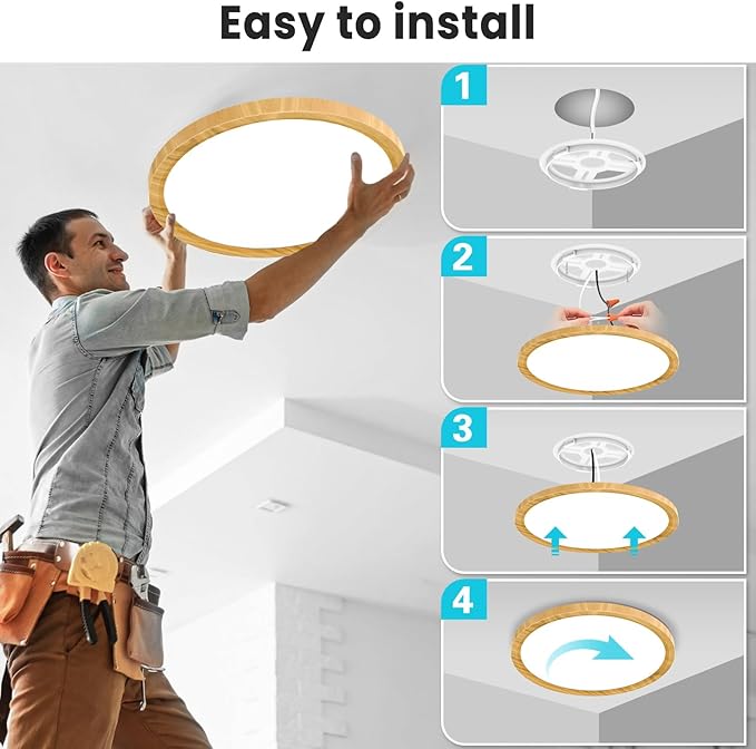 libtit 12Inch 28W Wood LED Flush Mount Ceiling Light, 3200lm Brightness, Adjustable 3000K-6500K Color Temp | Round Lamp for Bathroom/Shower/Hallway/Kitchen, 1 Pack