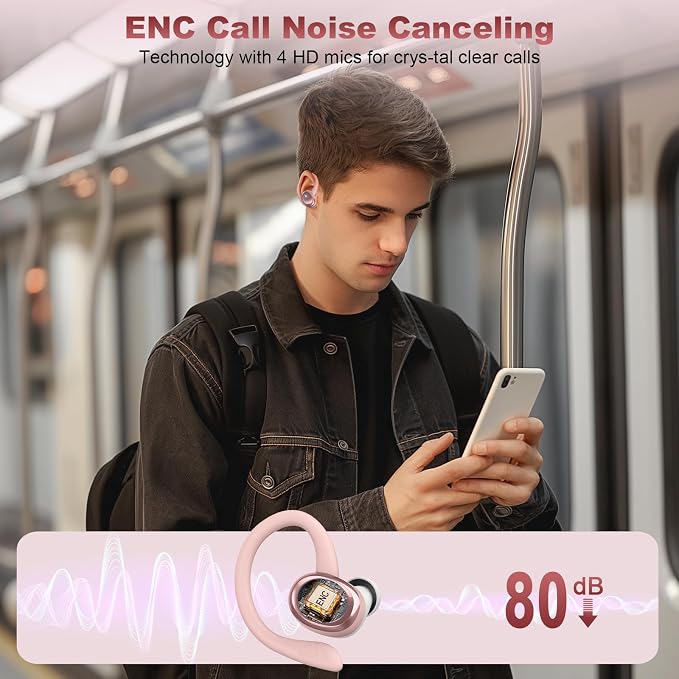 Hupoaf Wireless Earbuds Sport, NEW Bluetooth 5.4 Headphones with Earhooks, 50H Stereo Deep Bass Over Ear Buds with 4 ENC Noise Canceling Mics, IP7 Waterproof Earphones for Running Workout Gym -Pink