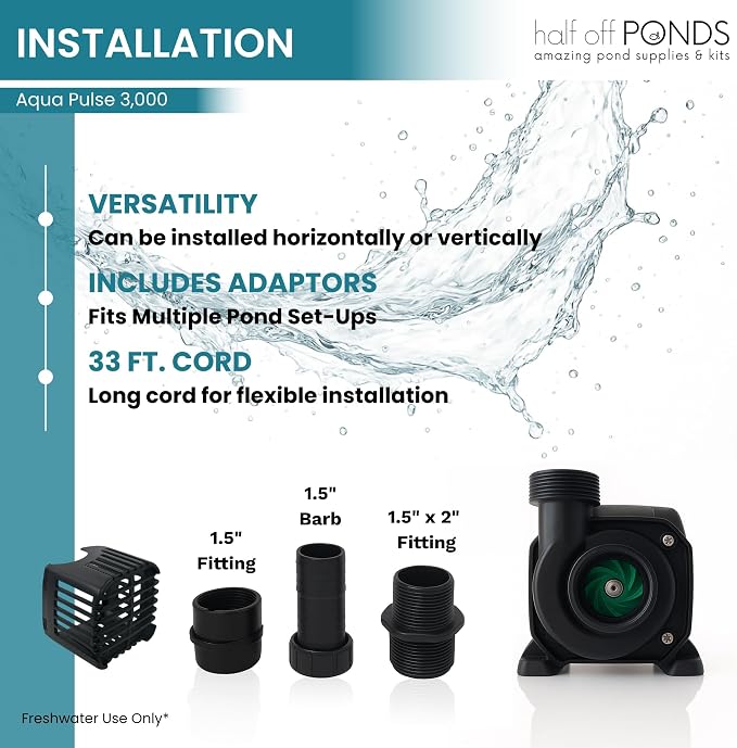 Aqua Pulse Submersible Pond Pump, 3,000 GPH, 33 ft Cord | 19 ft max head, 192W energy efficient, Ultra quiet, For koi ponds, Waterfalls, Fountains