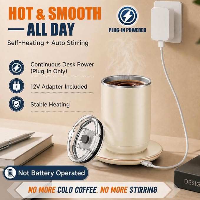 Self Stirring Heated Coffee Mug, 10 oz Auto Magnetic Mixing Cup, White | 304 stainless steel interior. Includes 3 heat settings, 8H auto shut-off, plug-in base for home office desk