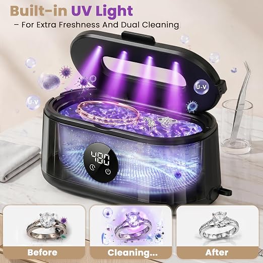 Ultrasonic Jewelry Cleaner, 50kHz Ultrasonic Cleaner Machine for Jewelry, Eyeglass, Retainers,Watch Strap, Rings,420ml 304 Stainless Steel Tank, 5 Timer Modes & LED Digital Display (Black)