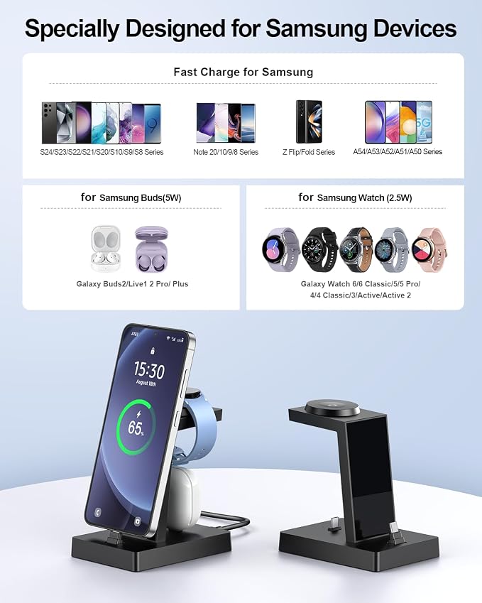 NANAMI Fast Charger for Samsung Galaxy Watch 6/5/4/3, Stand for Galaxy S24/S24+/S24 Ultra/S23/S22/S21/S20, Buds Pro, Wireless Charging Stand for iPhone 16/15/15 Pro/15 Plus/15 Pro Max/14/14 Pro/13/12