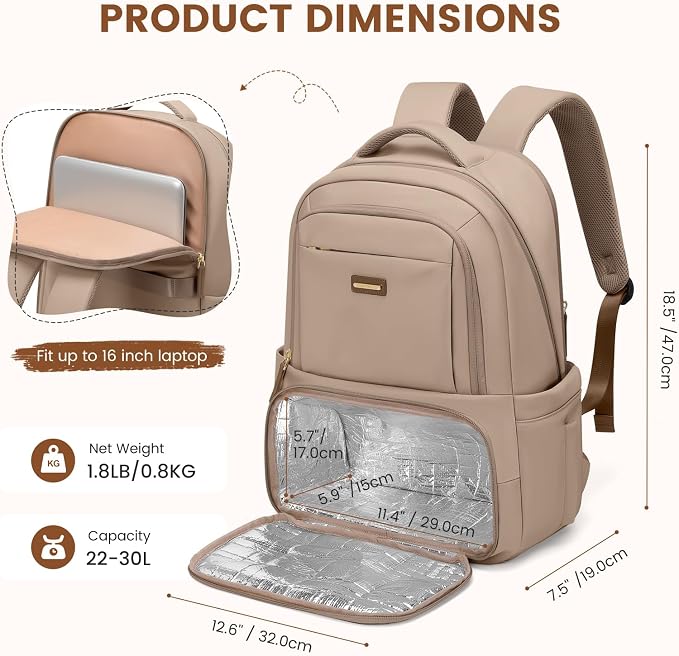 GOLF SUPAGS Lunch Backpack 16 Inch Laptop Backpack with Insulated Cooler Lunch Box Food Bag for College Work Camping Picnics (Champagne)