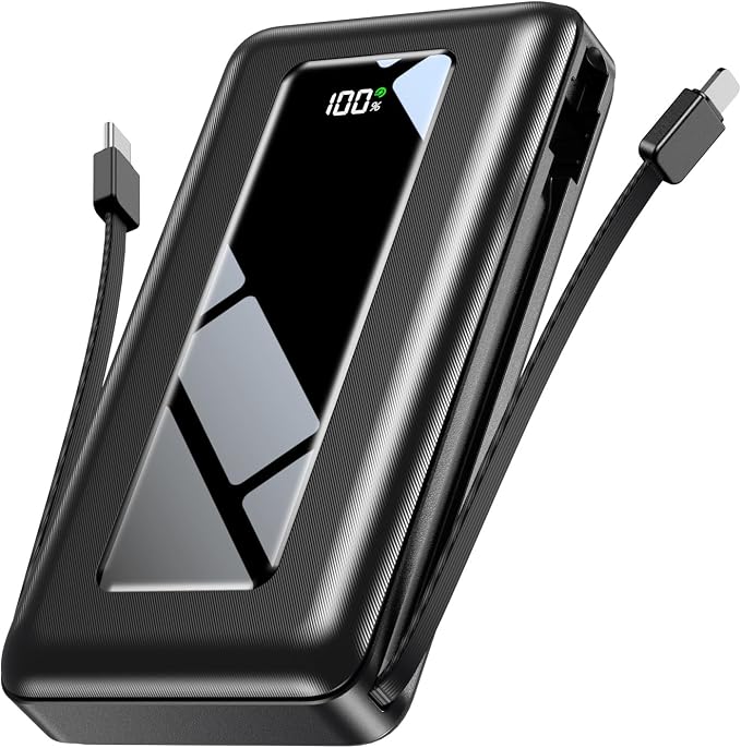 Moihosso Portable Charger Power Bank, 50000mAh Travel Camping Essential Battery Pack, Built-in iOS & Type-C Cables, 22.5W Fast Charging Portable Phone Charger, for iPhone, Android, Pad - Onyx