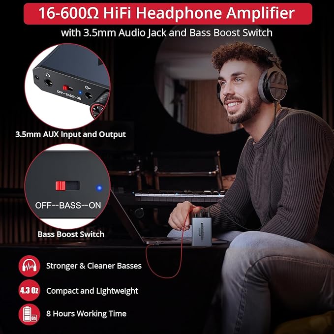 Neoteck 3.5mm Headphone Amp with Bass Boost Portable HiFi Headphone Amplifier, 16-600 Ohm,Aluminum Matte Surface for Mac,Phones,iPad,MP3,MP4 Computers PS4 PS5 Controller-Dark Grey
