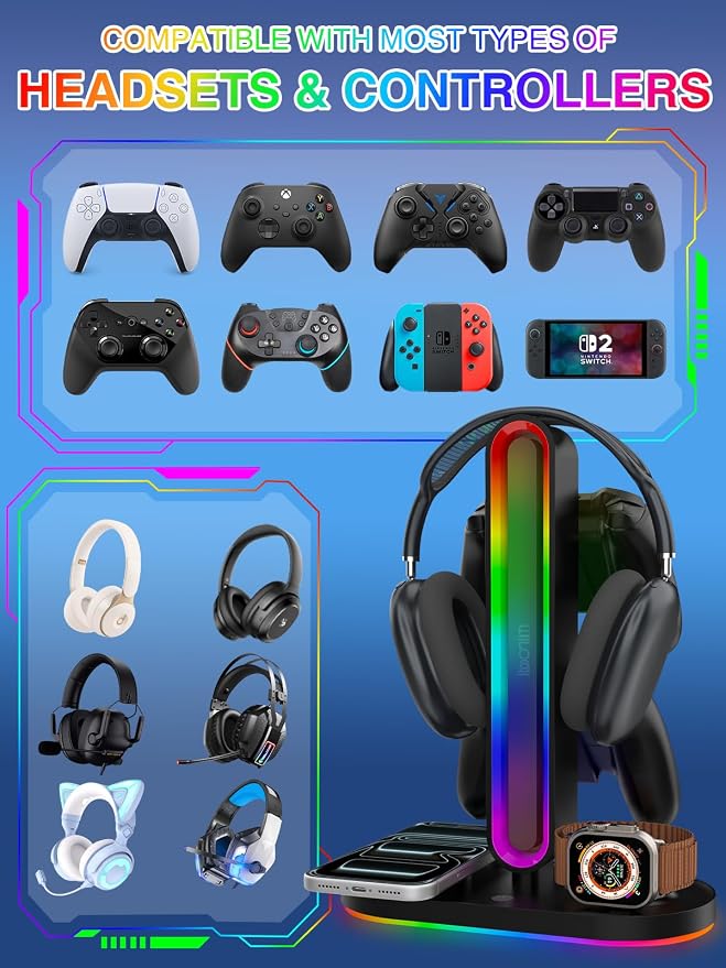 RGB Headset Stand with Wireless Charger, 8-in-1 Charging Station for iPhone, Samsung, Apple Watch Type-C/USB Ports, Gaming Headphone & Controllers Holder, Organizer for Desk Includes 20W PD Adapter