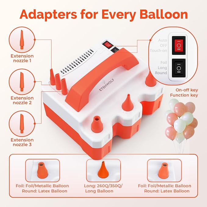 ETENWOLF Electric Balloon Pump for All Balloons 110V 600W Balloon Blower for Party Metalic Latex 260q Foil Balloons, Balloon Inflator for Birthday Decorations