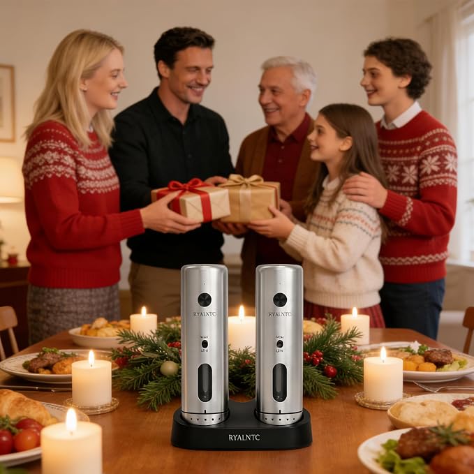 Electric Salt and Pepper Grinder Set with Rechargeable Base Upgraded Stainless Steel Automatic Salt and Pepper Shakers,Upgraded 2-Speed Setting,External 6 Adjustable Coarseness with LED Light