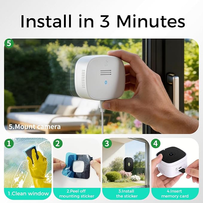 3K No Drill Window Camera, 2Pack Indoor Window Security Cameras with Color Night Vision for Home Security, 2.4G&5G WiFi, Motion Detection, Work w/Alexa&Google Assistant, Anti-Glare, Anti-Reflection B1