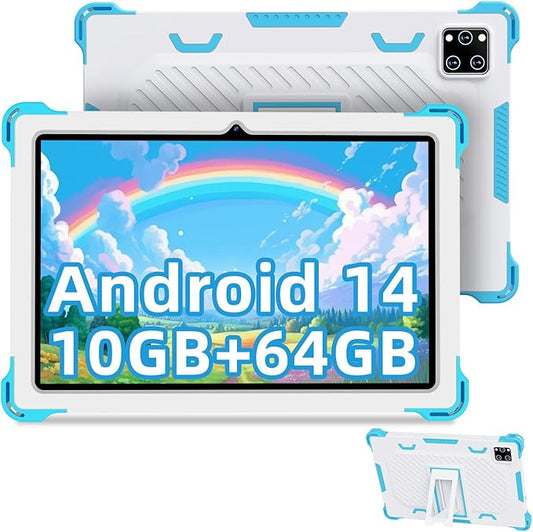 Kids Tablet 10 inch Android 14 with Protective Case, Octa-Core,10GB+64GB/512GB Expandable, 6000mAh Battery, WiFi, BT, Parental Control, Dual Camera, Toddler Gift