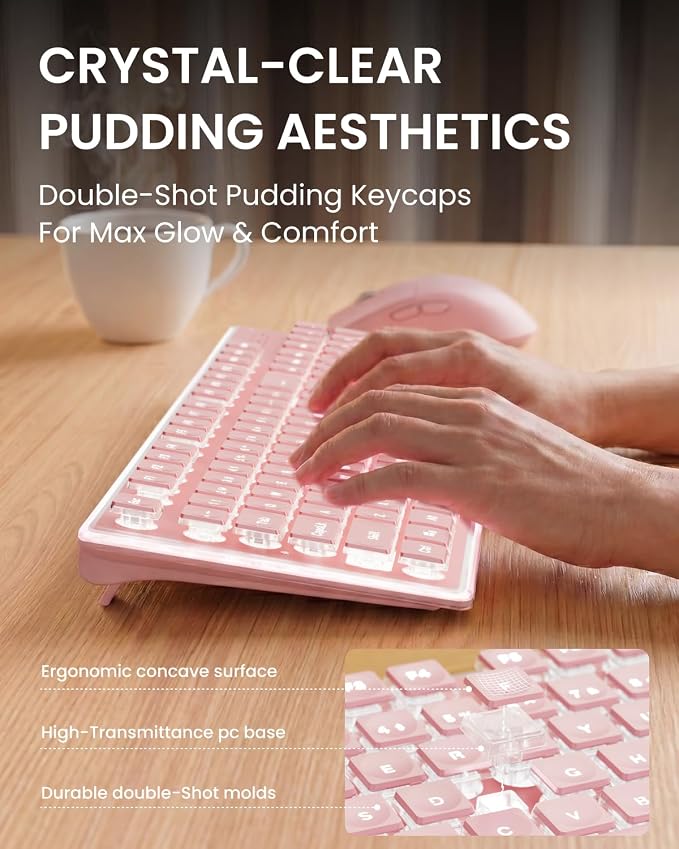 Wireless Keyboard and Mouse Combo with White Backlit Pudding Keycaps, Bluetooth & 2.4G, 2000mAh Rechargeable, Full Size, Metal Panel Quiet Computer Keyboard Set for Windows PC Desktop - Pink