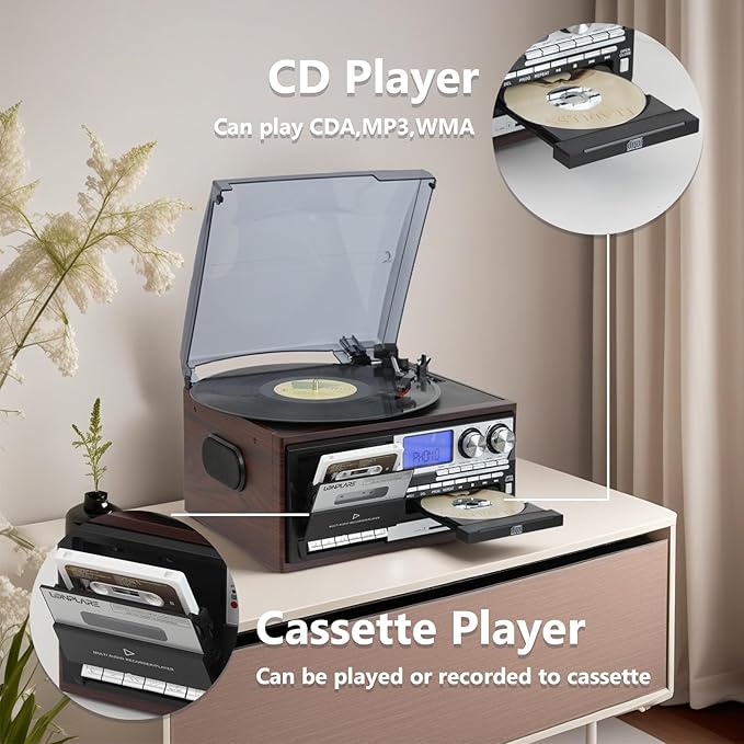 All in One Vintage 3 Speed Vinyl Record Player with Built-in Speakers,Bluetooth in/Out Turntable,CD Player/Cassette/USB/TF Card,AUX in,FM/AM Radio,RCA Out,Recording