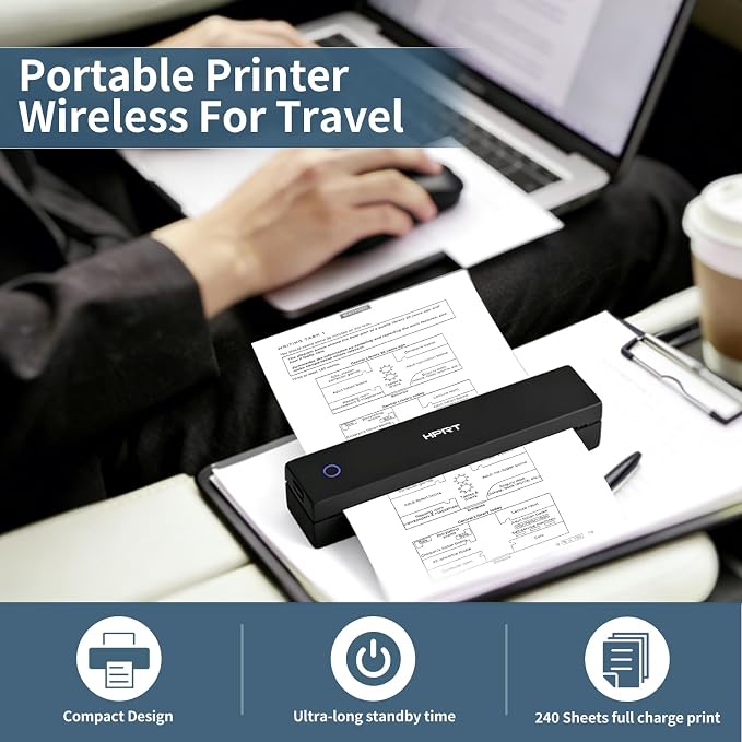 HPRT Inkless Portable Printer Wireless for Travel,Thermal Printer Supports 8.5" x 11" US Letter&A4&A5,Compatible with iOS,Android, Laptop, MT620,203 DPI,Black