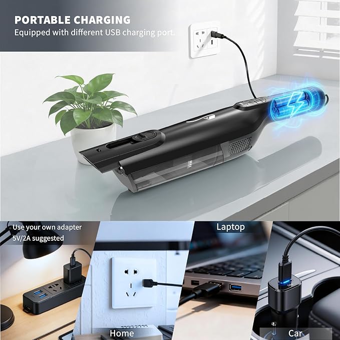 Cordless Handheld Vacuum, Lightweight Portable Hand Vacuum Cleaner with LED Light,Rechargeable Hand Held Vacuum with One-Touch Empty, Powerful Suction for Office, Home,Car, Charcoal