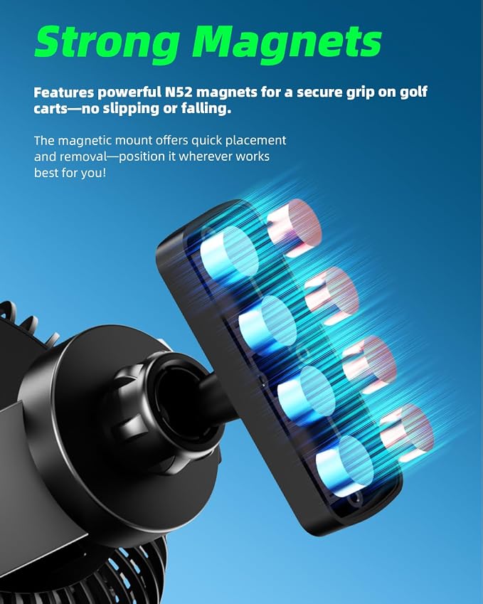 Magnetic Golf Cart Fan Rechargeable,10000mAH Battery Operated Portable Fan with 3 Speeds,30H Working Time,LED Lantern,360° Rotatable Head, Fits EZGO/Club Car/Yamaha Golf Cart