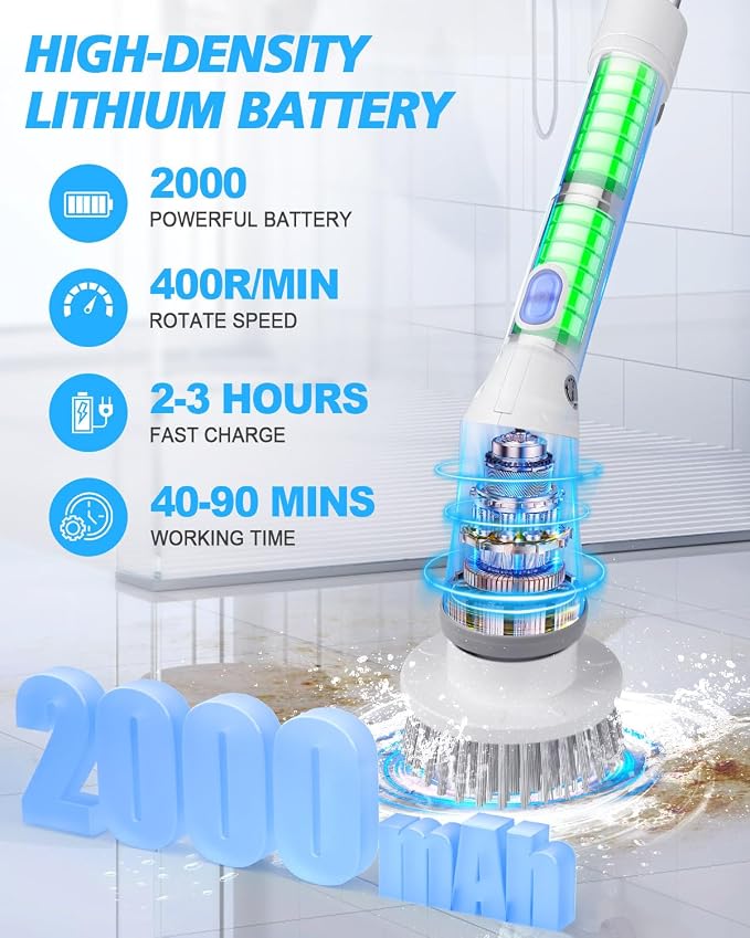 Electric Spin Scrubber Cordless,Power Scrubber Shower Cleaning Brush 400rpm,Bathroom Scrubber with 6 Replaceable Drill Brush Head, Adjustable Long Handle IPX6 for Clean Tile Tub Grout Toilet Car