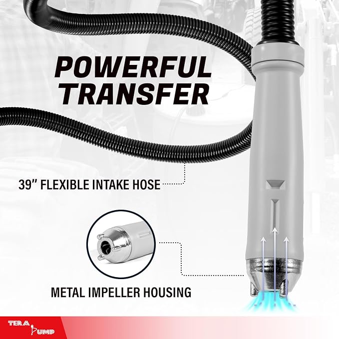 TERA PUMP Electric Powered 55 Gallon Drum Barrel Pump, 2.4GPM | Quick Stop Flow Control Nozzle, 9.8-ft XL Heavy-Duty Vinyl Hose, 39" Flexible Intake Hose, For DEF, Antifreeze, Washer Fluid