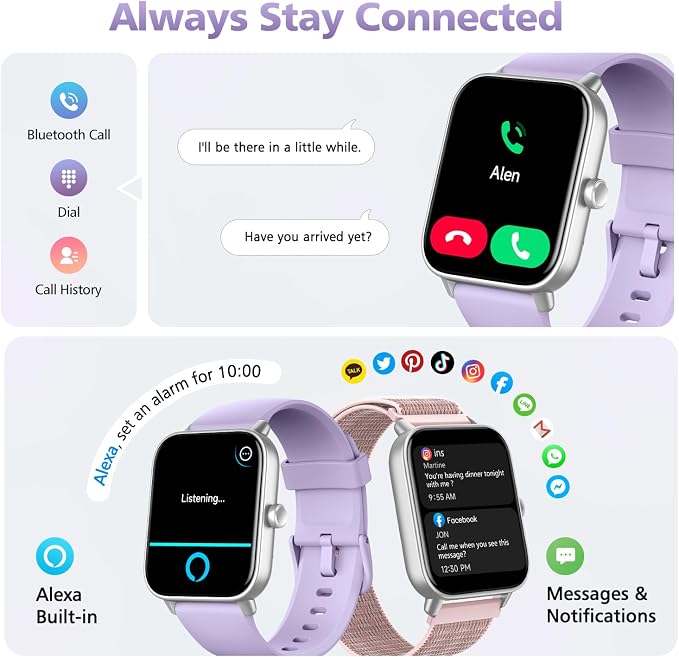 Smart Watches for Women, 1.85" Alexa Fitness Trackers with Call & SMS, Heart Rate, SpO2, Stress & Sleep Monitor, IP68 Waterproof Smartwatch for Android iPhone Samsung etc., 100+ Sports Modes, 2 Bands