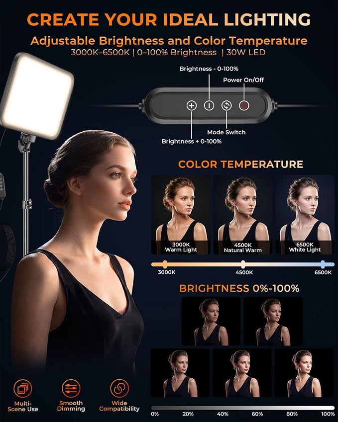 Torjim 12 Inch Video Light Kit for Creators, 30W High Brightness Studio Lights with Tripod Stand & Phone Holder, 3000-6500K Adjustable Photography Lighting for Clearer YouTube Streaming Home Studio