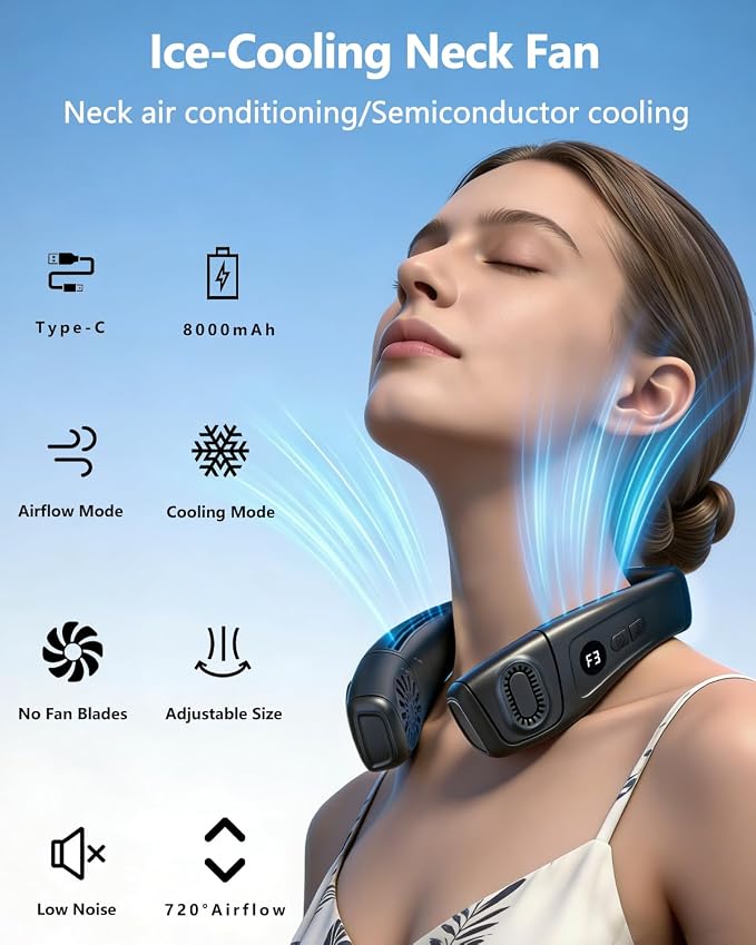 Neck Air Conditioner Fan Instant Cooling with Cooling Plate, Bladeless, 8000mAh Operated Wearable Rechargeable Neck Fan, 3 Cooling Level&3 Speeds Level for Hot Flashes, Travel, Gym