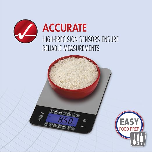 SmartHeart Premium Stainless Steel Digital Food Scale | Kitchen Scale for Meal Prep & Baking, Calorie & Carb Counter, 14 Foods, Tare, 11 lb, g/oz/lb/ml, Backlit LCD
