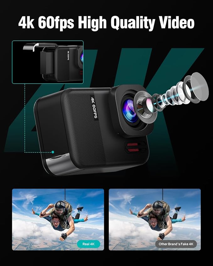 4K60fps Waterproof Action Camera- Bare Metal Underwater 10M with 64G SD Card, HD 48MP Touchscreen Sports 6-Axis Stabilization,8X Zoom Underwater Camera Snorkeling with Helmet Accessories