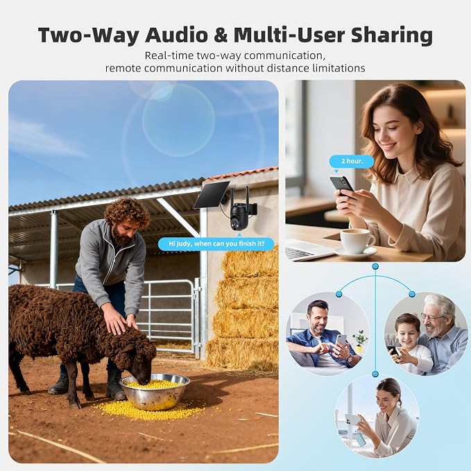 4G LTE Cellular Security Cameras Solar Powered No WiFi Security Camera Outdoor Wireless Built-in SIM Card 2K Color Night Vision 360° View Motion Detection 2-Way Audio 2 Packs