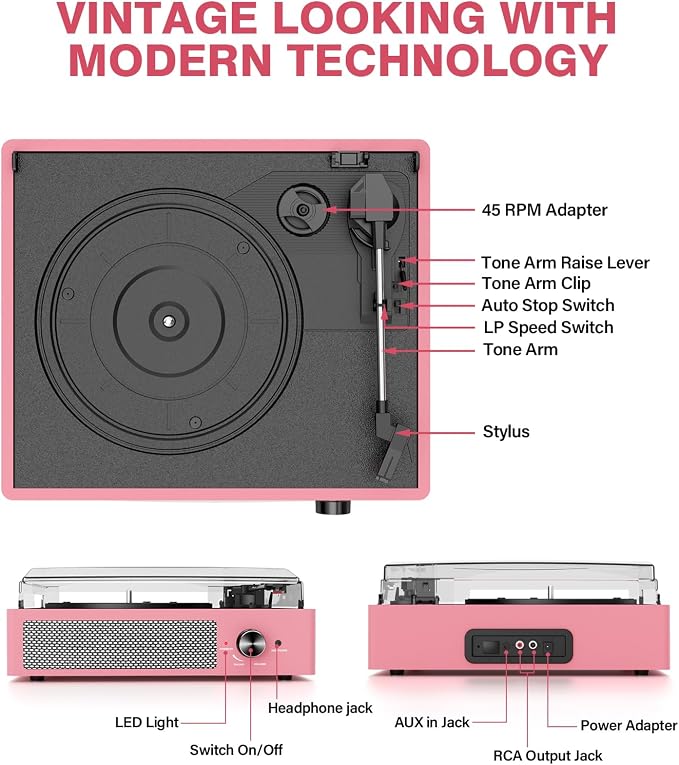 Vinyl Record Player with 2 Stereo Speakers Belt-Driven Vintage Turntables 3 Speed 3 Size Wireless Bluetooth Playback AUX-in RCA Out Headphone LP Vinyl Players Auto Stop Dusty Rose
