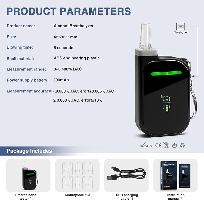 Portable Breathalyzers for Alcohol, Professional-Grade High Accuracy Alcohol Breathalyzer Tester Keychain, USB Rechargeable, 3-Color Warning & Sobriety Time Reminder, 10 Mouthpieces Included, Black