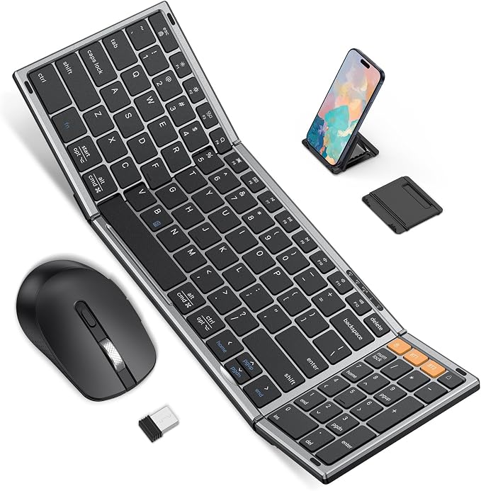 Foldable Keyboard and Mouse Combo for 3 Devices, OMOTON Wireless Bluetooth Set for Business Travel & Office, Rechargeable Keyboard + Ergonomic Mouse for iPad iPhone Tablet Mac Windows, Space Grey