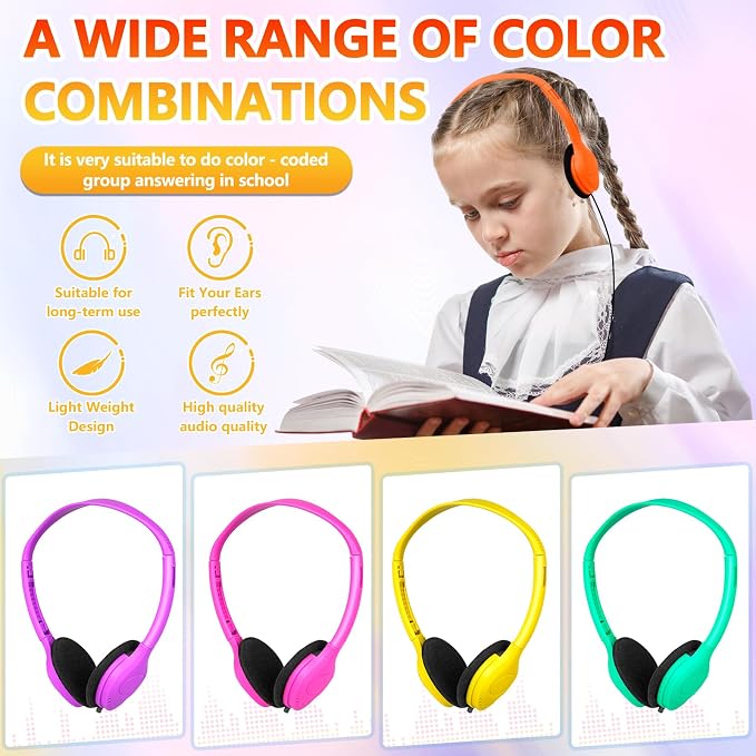 Class Set Headphones for Kids Students School Classroom 20 Pack Bulk Headphones Adjustable with 3.5 mm Jack for Library Children Mixed Colors