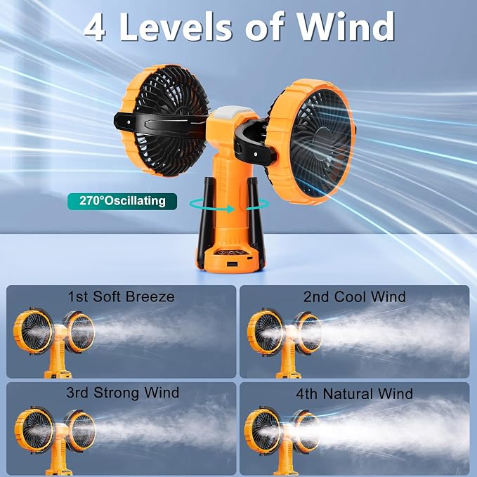 10000mAh Outdoor Camping Fan, Oscillating Battery Operated Tent Fan with LED Lantern, Dual Head Rechargeable Tent Ceiling Fan with Tripod & Hanging Hook - Yellow