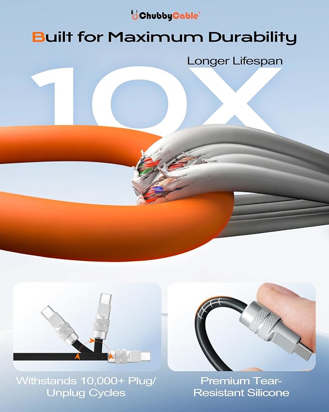 chubbycable Tri-Flex 3 in 1 USB C Cable for Apple Watch Charger Silicone 100W Multi Charging Cable Fast Charge Compatible with iPhone 17-15 Series Apple Watch iPad MacBook AirPods, 4.1FT, Orange