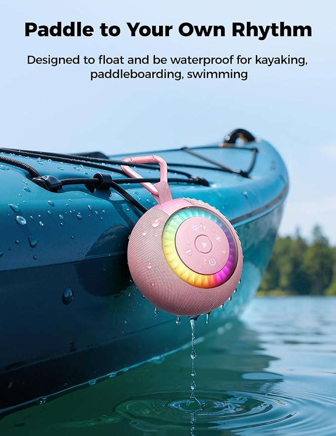 Bluetooth Shower Speaker Waterproof IPX7: Removable Vacuum-Lock Suction Cup, 360° Surround Sound, RGB Light, Portable Wireless Speaker for Beach, Pool, Kayak, Back to School Gifts for Adult Teen-Pink
