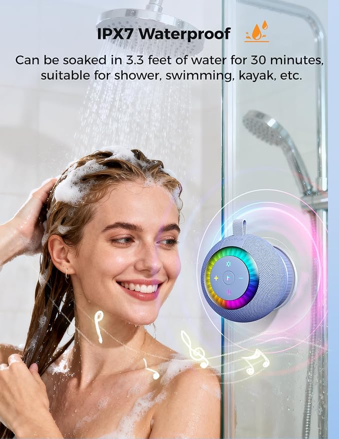 Bluetooth Shower Speaker Waterproof IPX7: Removable Vacuum-Lock Suction Cup, 360° Surround Sound, RGB Light, Portable Wireless Speaker for Beach, Pool, Kayak, Back to School Gifts for Adult Teen-Blue