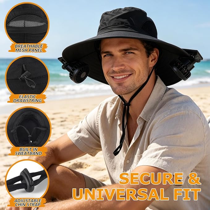 Wide Brim Sun Bucket Hat with 2 Solar Powered Fan for Men & Women | Waterproof & UPF 50+ Sun Protection Hat with Dual-Power Clip-On Cooling Fans for Outdoor Hiking Fishing Gardening