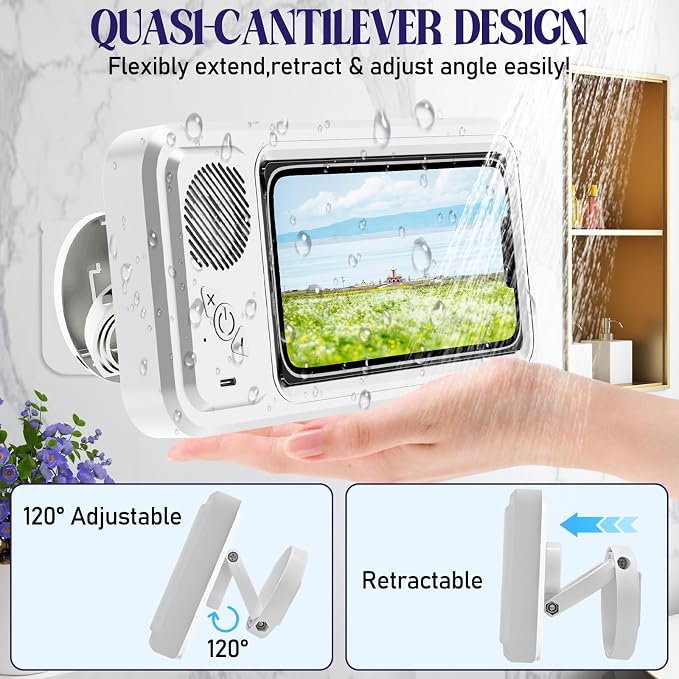 Shower Phone Holder with Wireless Bluetooth Speaker, Waterproof 480 Rotation Viewable Shower Phone Stand Case Mount Speakers for Bathroom Wall Mirro for 4"- 6.8" Cell Phones ,Gift for Mom(White)