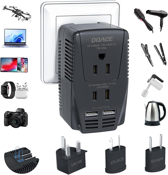 Upgraded 2000W 220V to 110V Converter for European Travel, Voltage Converter US to Europe for Hair Dryer Straightener Curling Iron, 2300W Adapter with EU/UK/AU/US Plugs for Laptop Camera Cell Phone