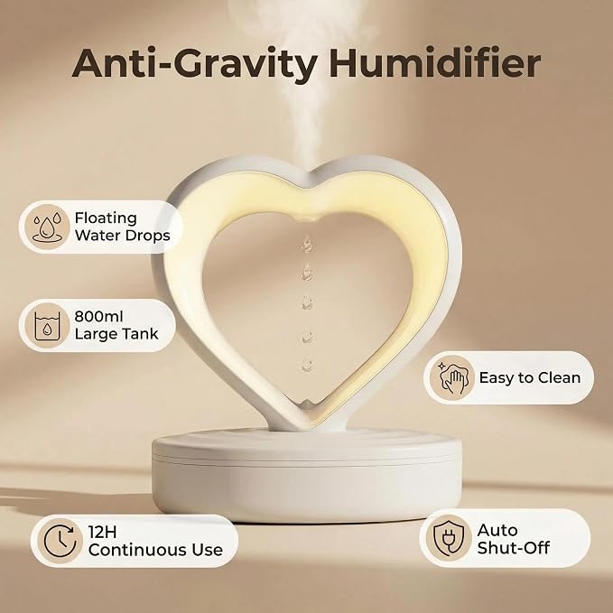 Anti-Gravity Humidifier for Bedroom & Office, 800ml Heart-Shaped Design with Floating Water Droplets, Cool Mist Humidifier for Home, Baby Room and Dry Skin Relief