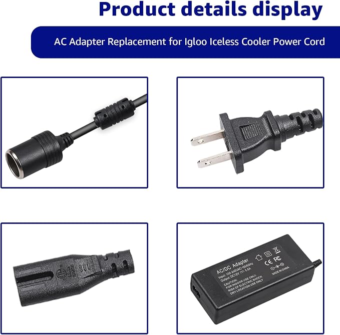 12V AC Power Cord Compatible with Igloo Iceless Cooler,Replacement for Igloo Iceless Coolers Kool Mate Cool Chill Thermolectric Supply Charger Cord