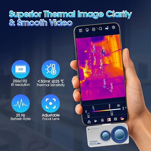 Mini Thermal Imaging Camera for Android 256x192 IR Resolution,640x480 Super Resolution Thermal Imaging Camera -15°Cto 600°C TEM Range for Smartphones(not for iOS) IP54