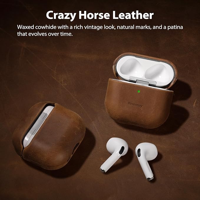 Belemay Handcrafted Crazy Horse Leather Case for AirPods 4 (2024), Vintage Aesthetic, Two-Tone Effect, Unique Patina, Compatible with MagSafe, Compatible with Airpods 4th Gen, Rustic Brown