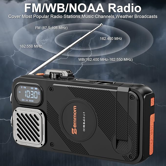 Emergency Radio&22000mAh Solar Power Bank, FM NOAA Weather Radio, Portable Hand Crank Bluetooth Radio, 20W Fast Charge Wireless Phone Charger, SOS Flashlight for Emergency/Home (Orange)