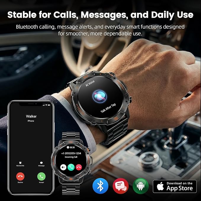Rugged Smart Watch for Men, 5ATM Waterproof, 170+ Sports Modes, 1.43" AMOLED Round Health Fitness Tracker Watch, Tactical Military Smartwatch Compatible with iPhone Android, Stainless Steel Metal Band